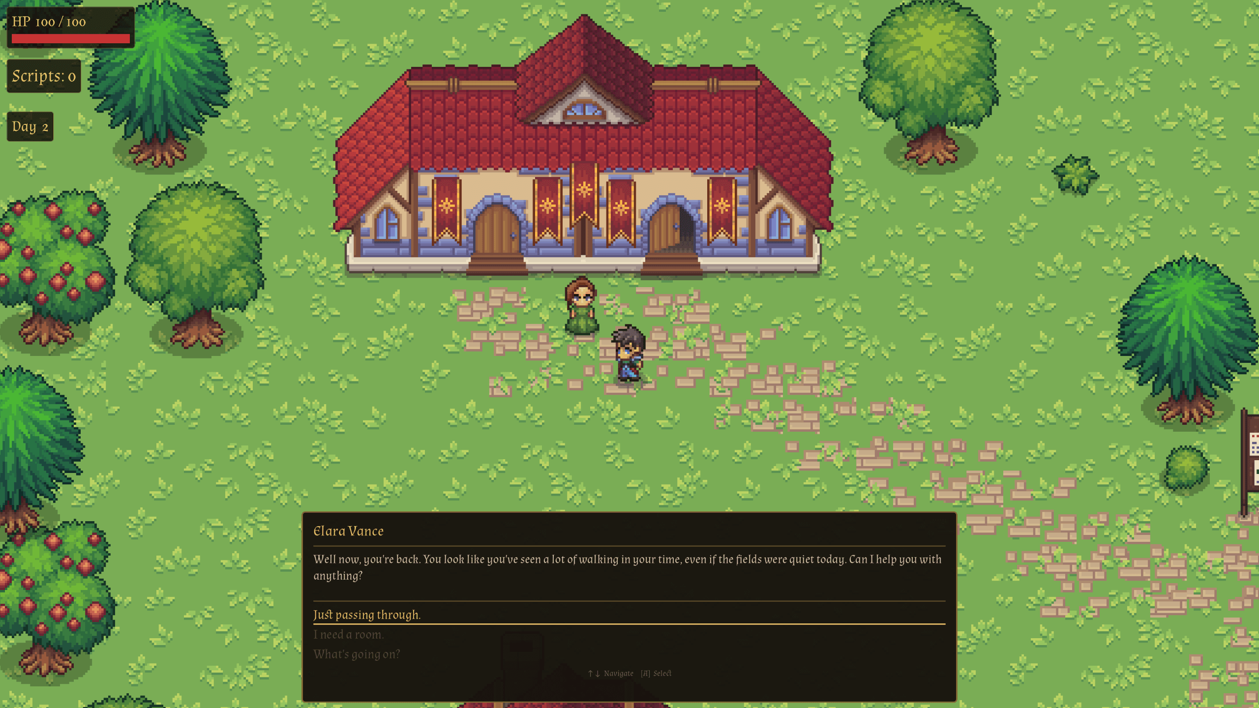 Elara Vance, an innkeeper, greeting the hunter on Day 2 with dialogue written overnight.
