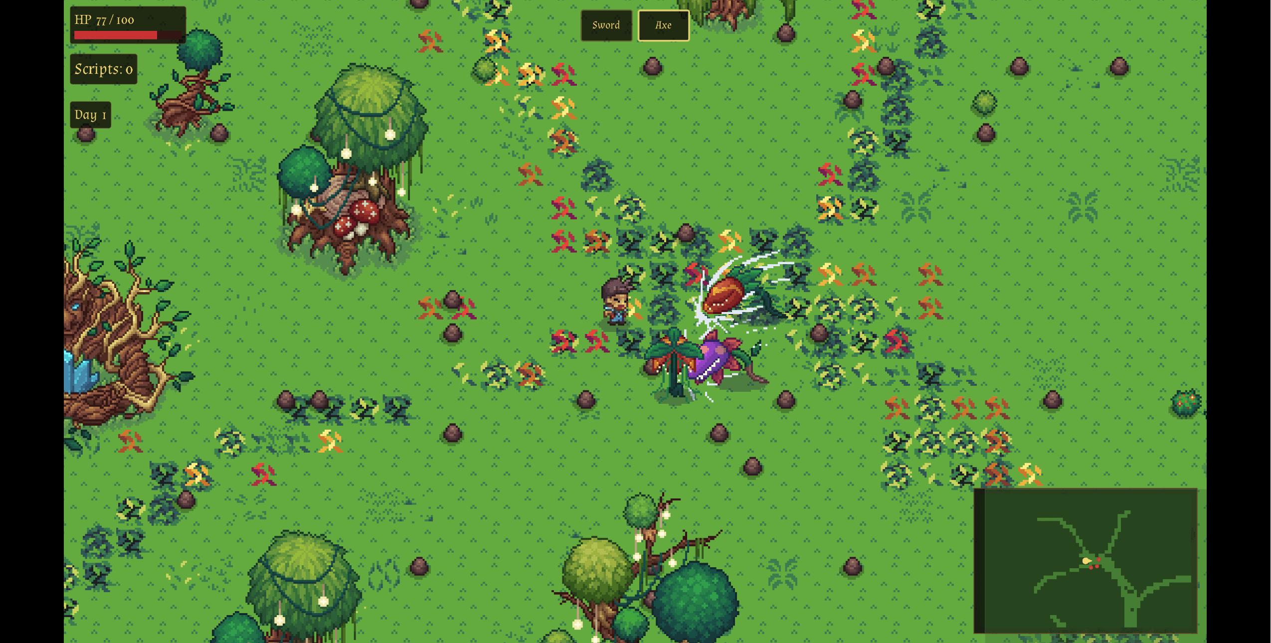 In the field with the axe, a plant creature mid-swing and the minimap in the corner.
